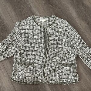 Textured Green and White Tweed Open Cardigan Jacket